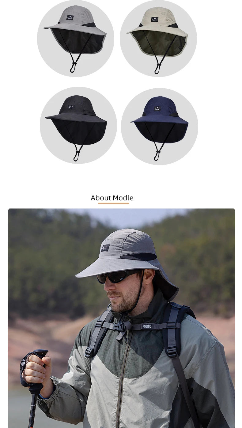 Summer Water-resistant Men's Fisherman Hats with Shawl Outdoor Hiking Fishing Breathable Wide Brim Bucket Hat Sun UV Protection
