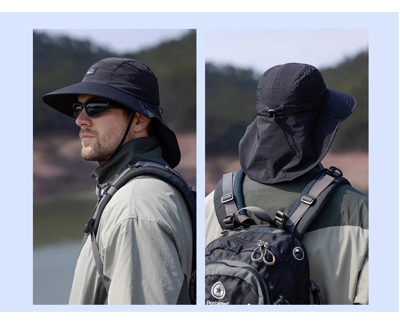 Summer Water-resistant Men's Fisherman Hats with Shawl Outdoor Hiking Fishing Breathable Wide Brim Bucket Hat Sun UV Protection