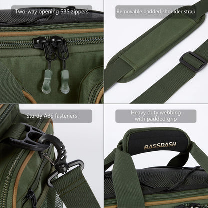 BASSDASH Fishing Tackle Shoulder Bag Water Resistant Lightweight Gear Storage Pack with Hard Molded Bottom Rain Cover