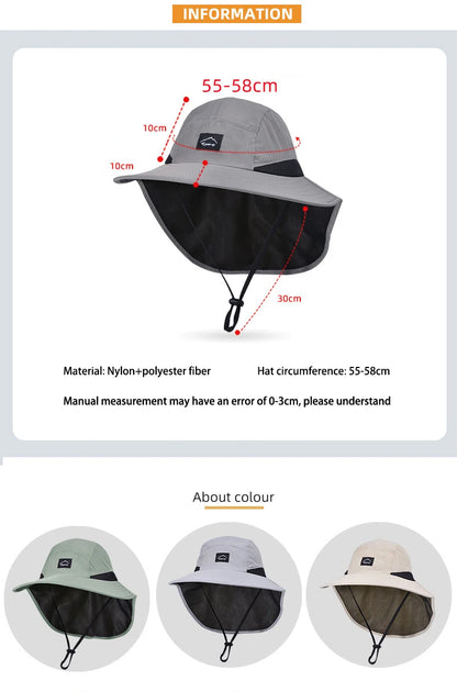 Summer Water-resistant Men's Fisherman Hats with Shawl Outdoor Hiking Fishing Breathable Wide Brim Bucket Hat Sun UV Protection