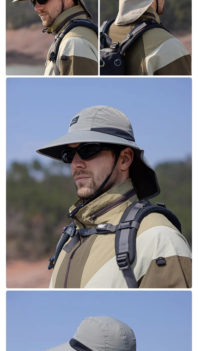 Summer Water-resistant Men's Fisherman Hats with Shawl Outdoor Hiking Fishing Breathable Wide Brim Bucket Hat Sun UV Protection
